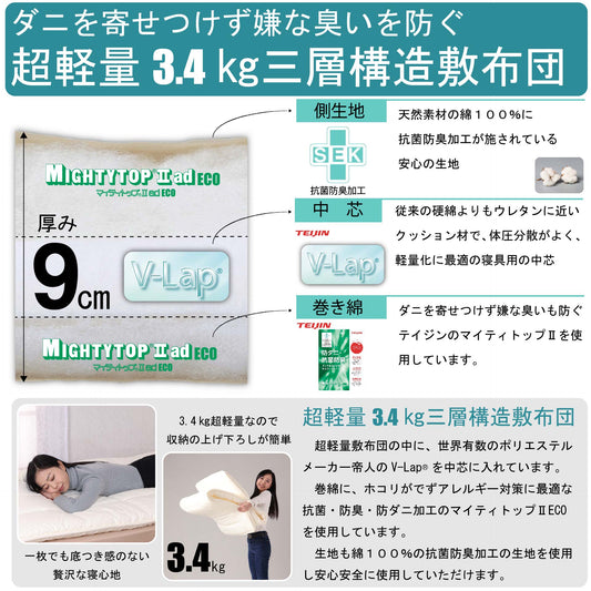 鞆のふとん家 帝人 V-lap 敷布団 軽い 抗菌防臭 防ダニ 日本製 画像2