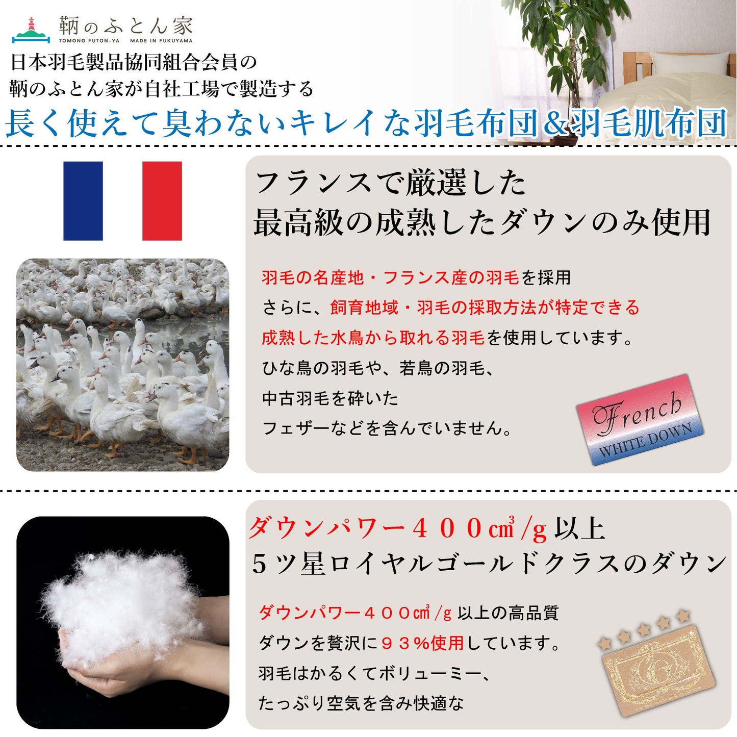 鞆のふとん家 河田フェザー フランス産ダック ロイヤルゴールド 厚手 綿100% 60サテン ボリューム満点掛け布団 画像3