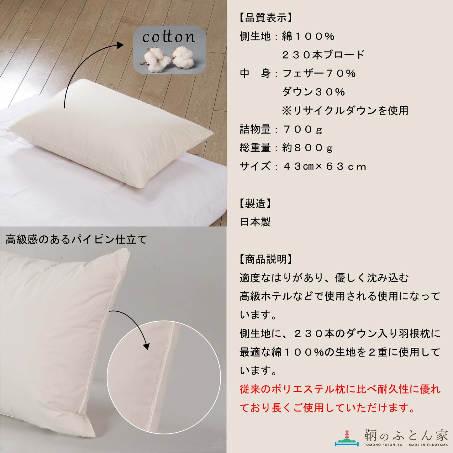 鞆のふとん家 ダウン枕 河田フェザー リサイクルダウン 高反発 ホテル 業務用 画像6