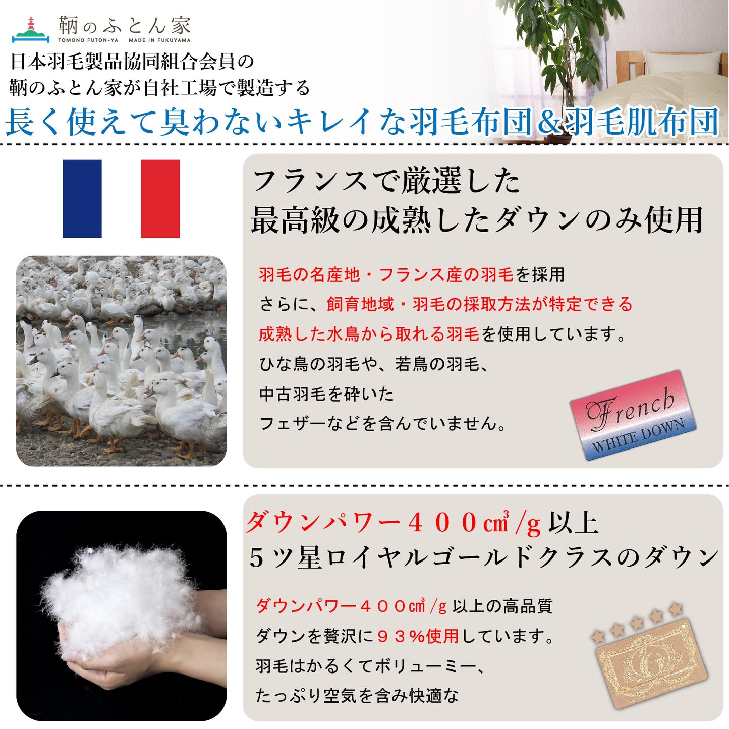 鞆のふとん家 河田フェザー フランス産ダック ロイヤルゴールド 羽毛肌掛け布団 臭い ホコリ 少ない 画像4