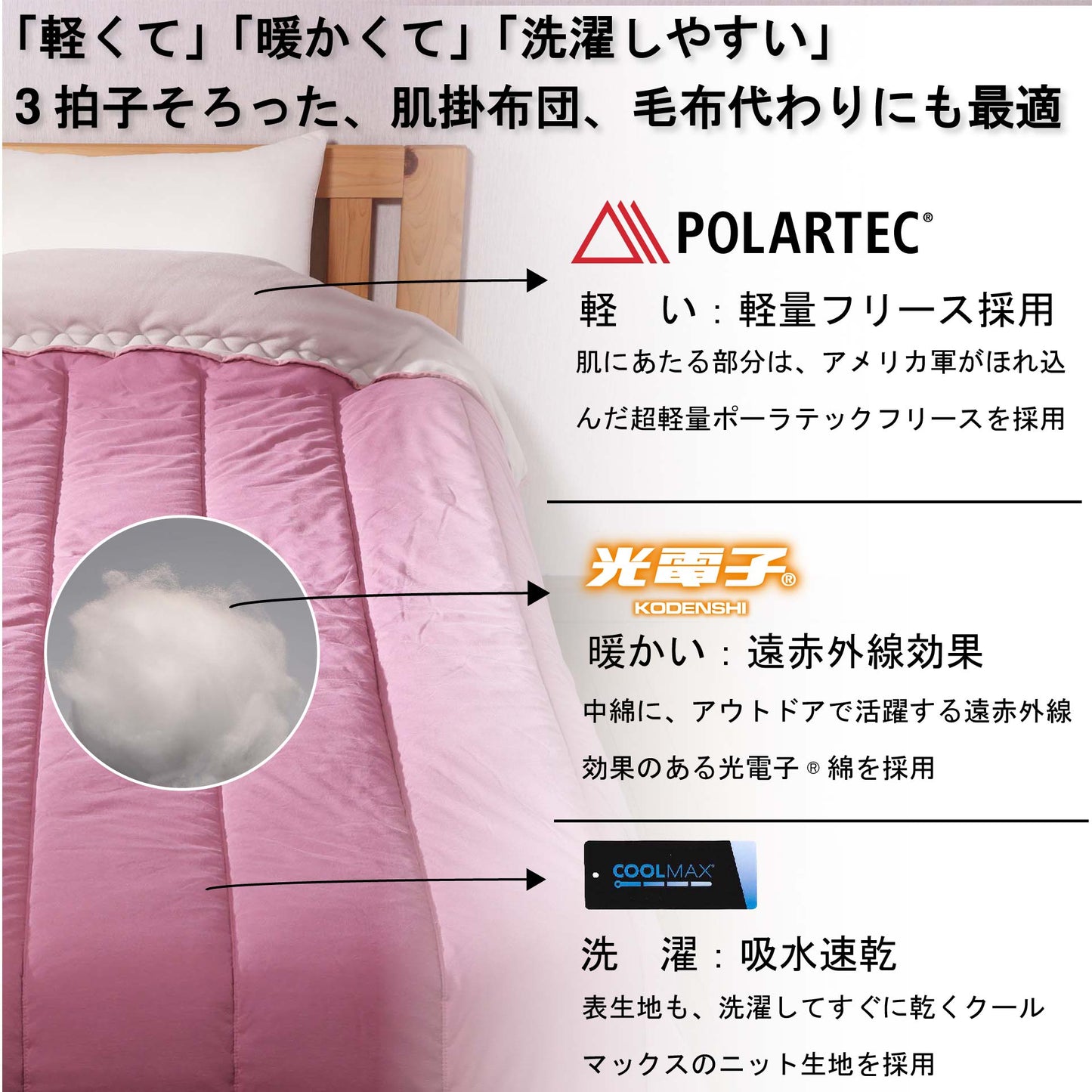 鞆のふとん家 ポーラテック 光電子 肌布団 掛け布団 洗える POLATEC KOUDENSHI 画像3