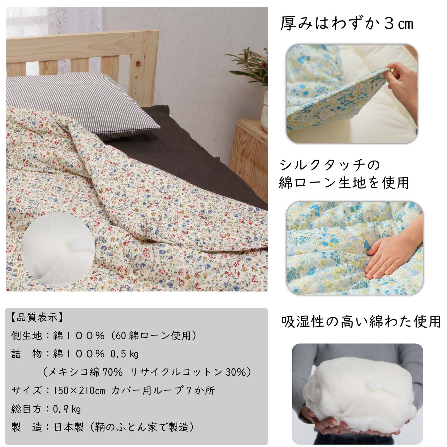 鞆のふとん家 綿ローン 綿100% 肌布団 サラサラ 夏肌布団 画像3
