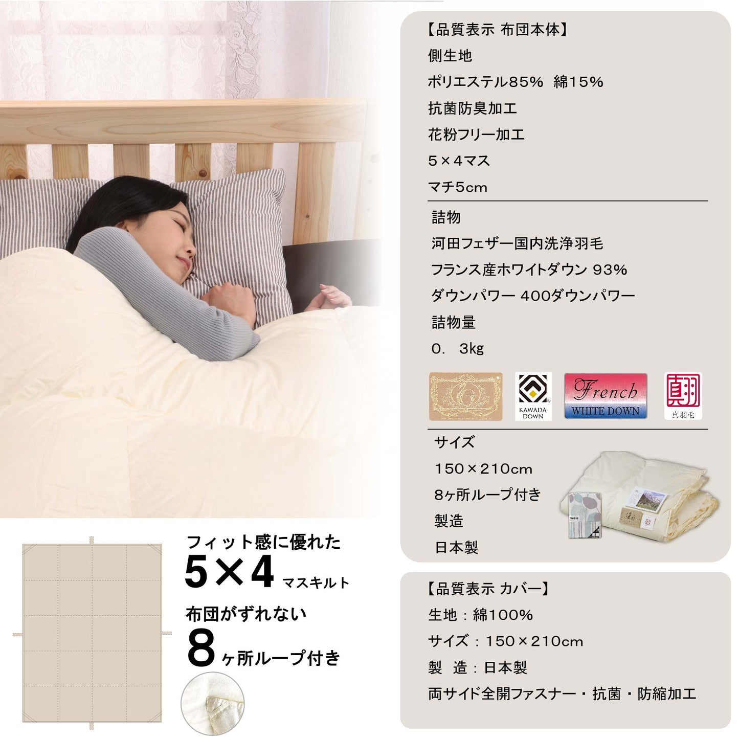 鞆のふとん家 河田フェザー フランス産ダック ロイヤルゴールド 羽毛肌掛け布団 臭い ホコリ 少ない 画像7