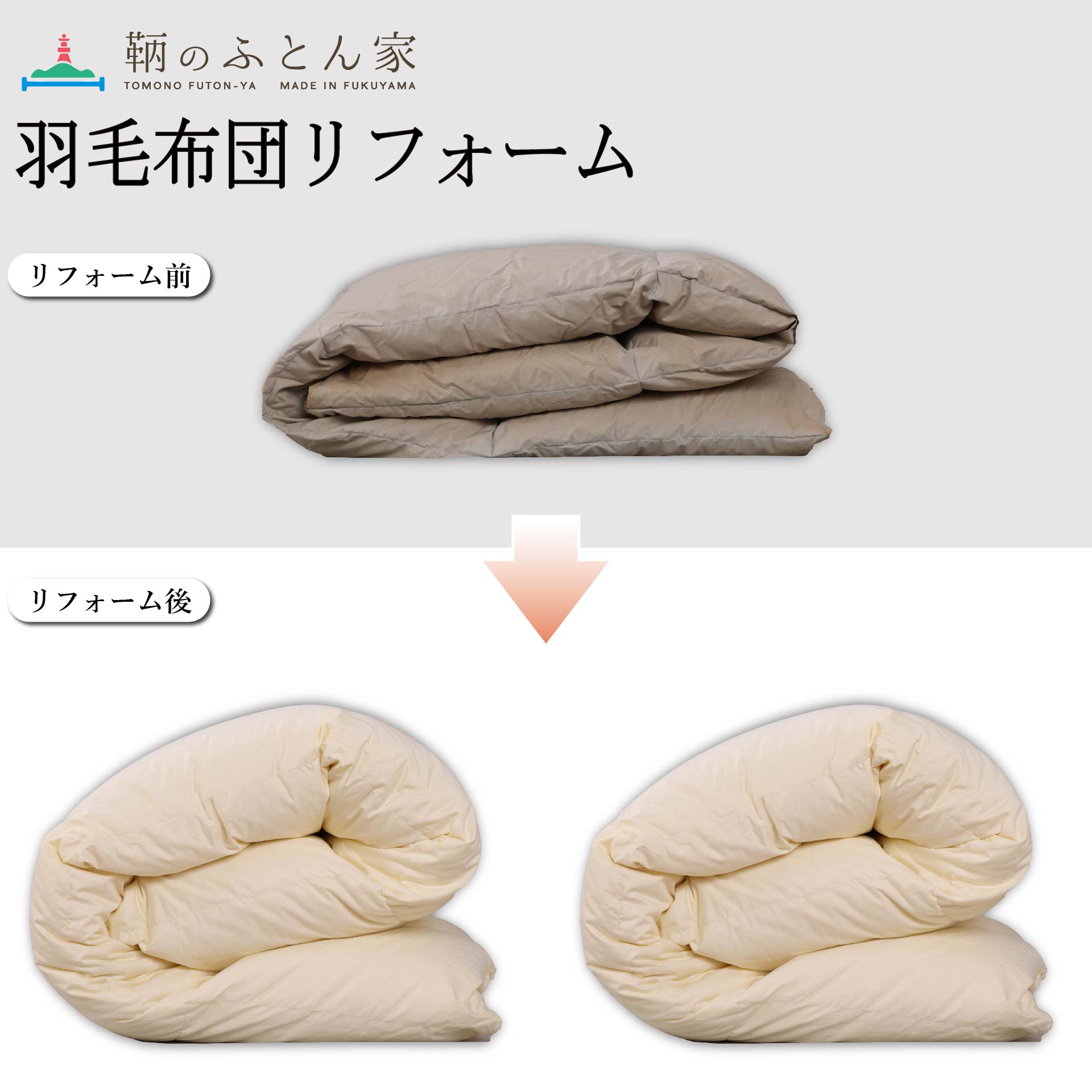 鞆のふとん家 羽毛布団 打ち直し リフォーム サイズ変更 クイーンサイズからシングルサイズ 2枚 足し羽毛 プレミアムダウンウォッシュ 画像21