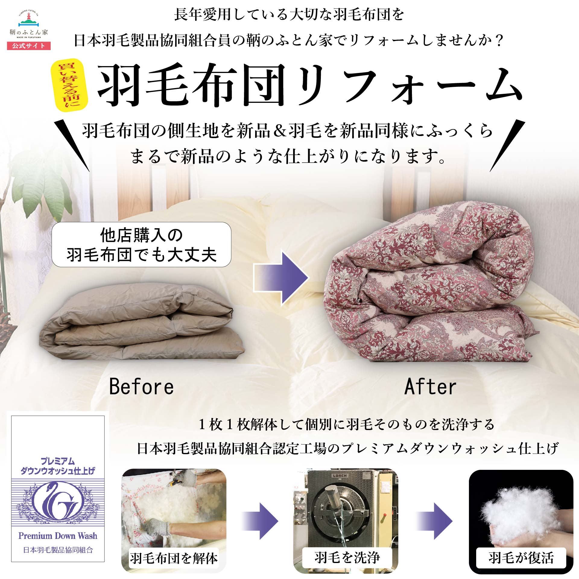 鞆のふとん家 羽毛布団 打ち直し リフォーム サイズ変更 クイーンサイズからシングルサイズ 2枚 足し羽毛 プレミアムダウンウォッシュ 画像2