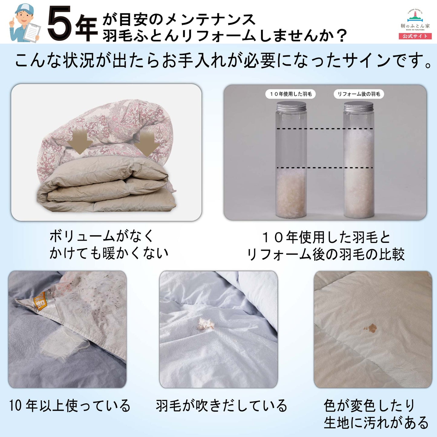 鞆のふとん家 羽毛布団 打ち直し リフォーム サイズ変更 セミダブル 足し羽毛 プレミアムダウンウォッシュ 画像3