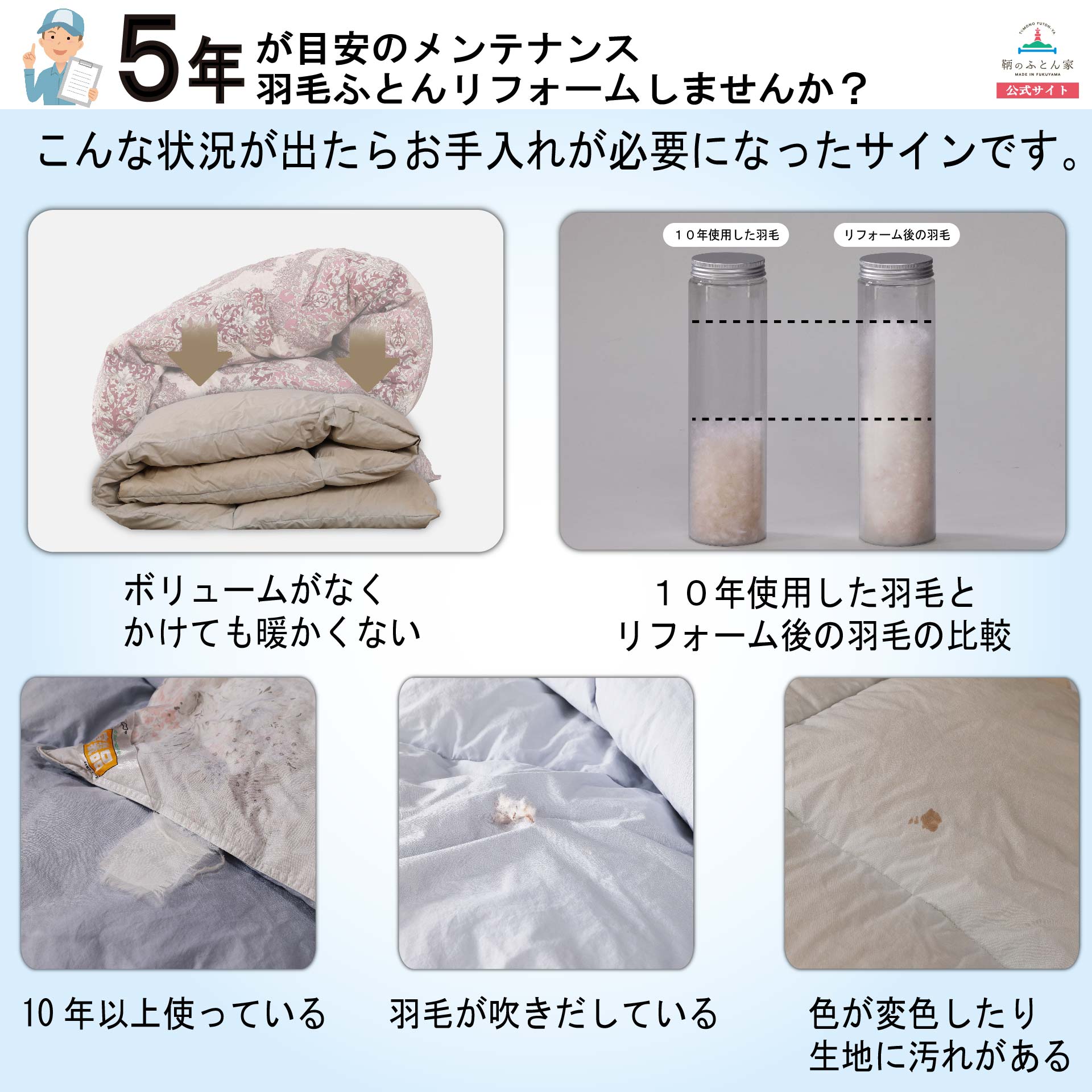 鞆のふとん家 羽毛布団 打ち直し リフォーム サイズ変更 クイーンサイズからシングルサイズ 2枚 足し羽毛 プレミアムダウンウォッシュ 画像3