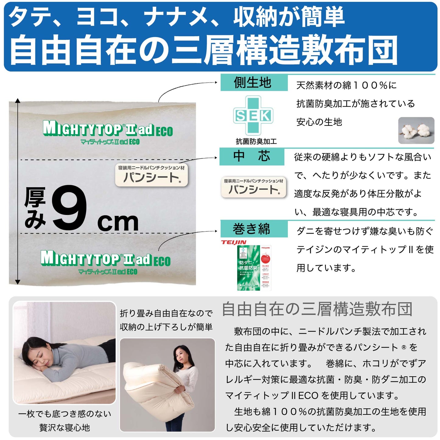 パンシート 三つ折り敷布団 折りたたみ自由自在 抗菌防臭防ダニ 日本製｜鞆のふとん家