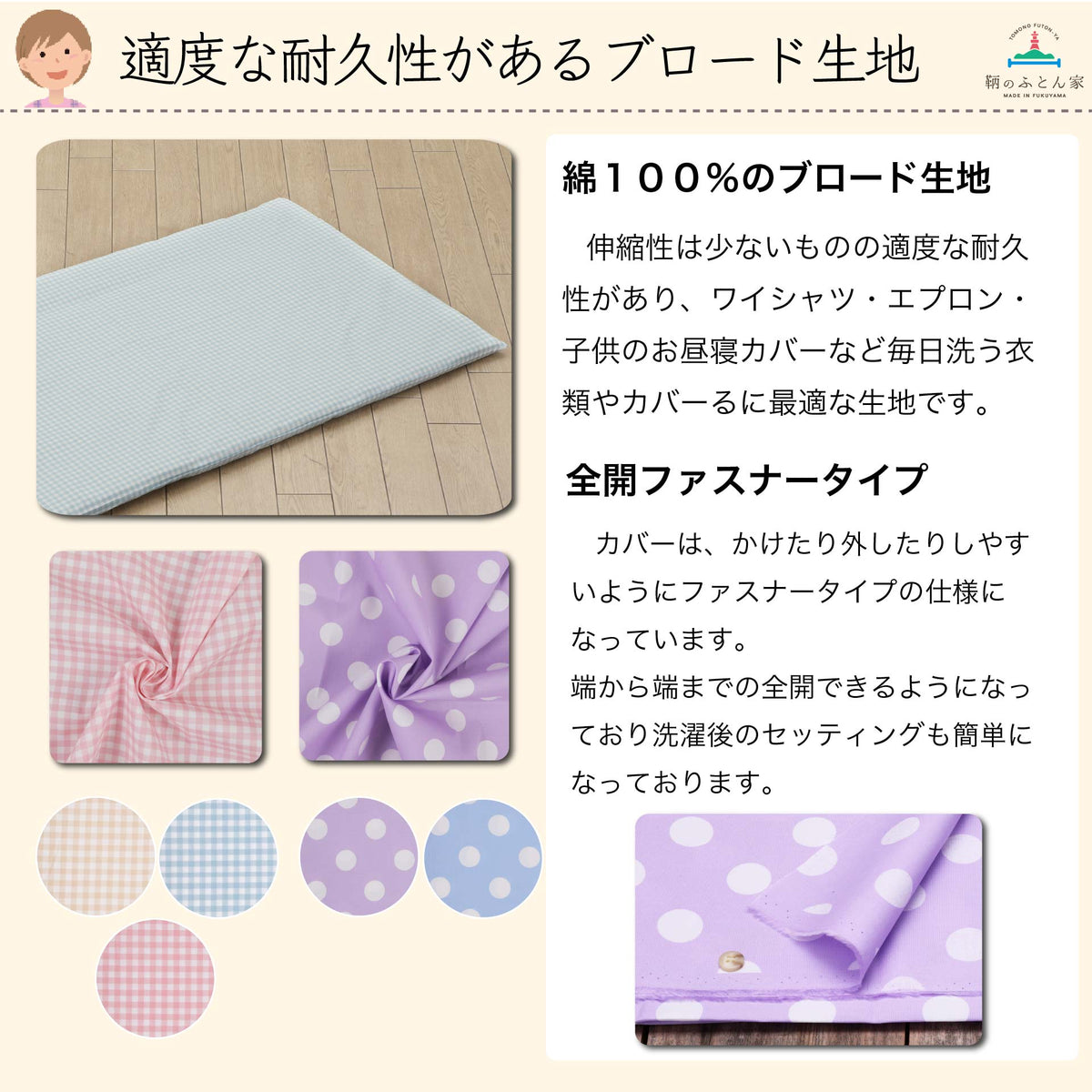 チェック柄と水玉柄の綿100％カバー、全開ファスナーの説明
