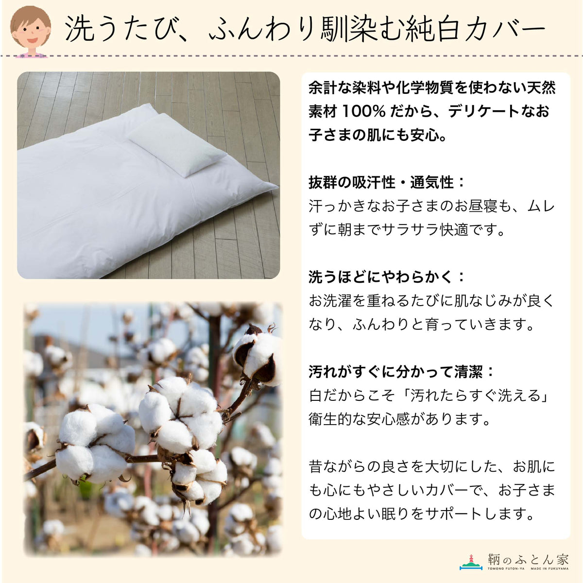 白い綿100％カバーの特徴を紹介する説明画像