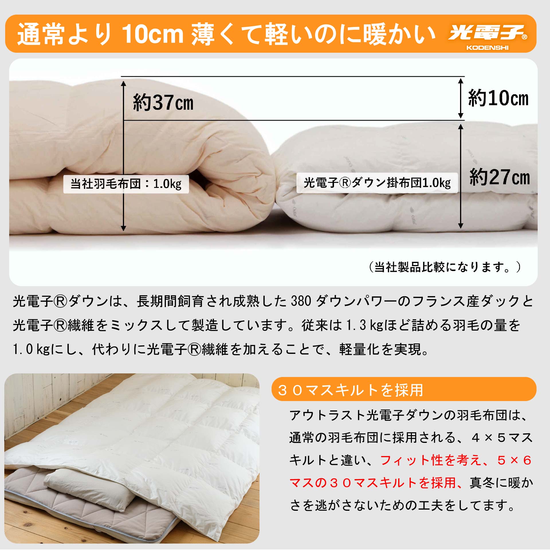 鞆のふとん家 羽毛布団 光電子ダウン アウトラスト 軽量 掛け布団 画像4