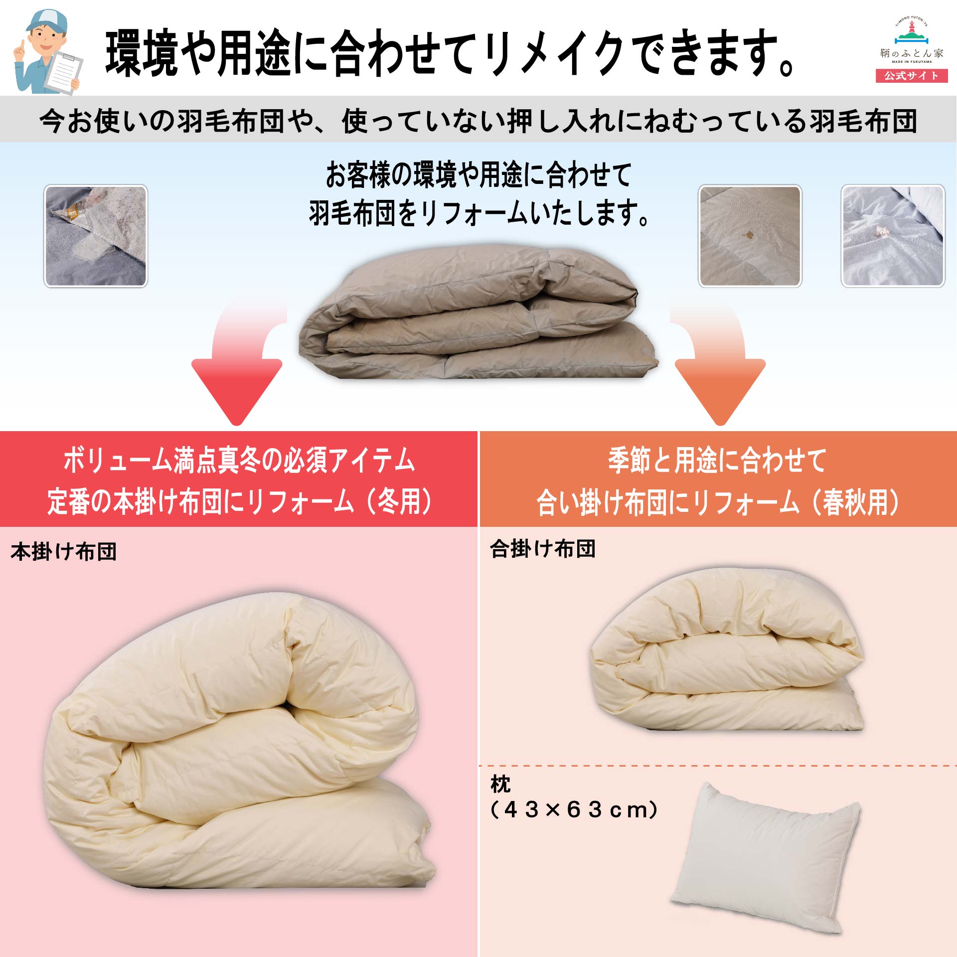 羽毛布団 打ち直し クイーン→セミダブル サイズ変更【鞆のふとん家】